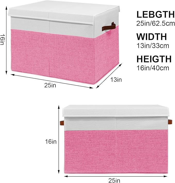 Gowee Large Toy Box with Lid, Sturdy Toy Storage Chest Bin Boxes Organizer Basket with Dividers for Toddlers, Kids, Boys, Girls, Nursery, Closet, Bedroom, Playroom 25"x13" x16" (Pink and White)