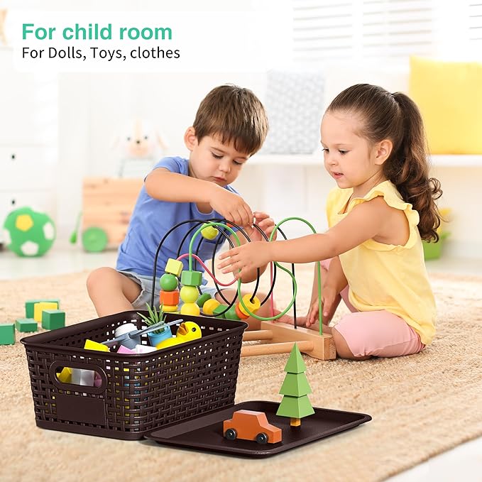 8-Pack Brown Plastic Storage Baskets with Lids, Label Organizers