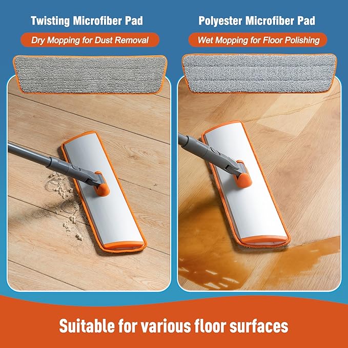 CLEANHOME Microfiber Mop Floor Dust Mop with Extendable Long Handle, Flat Mop with 4 Reusable Pads and 1 Dirt Removal Scrubber, Suitable for Home Kitchen Bathroom Living Room Cleaning