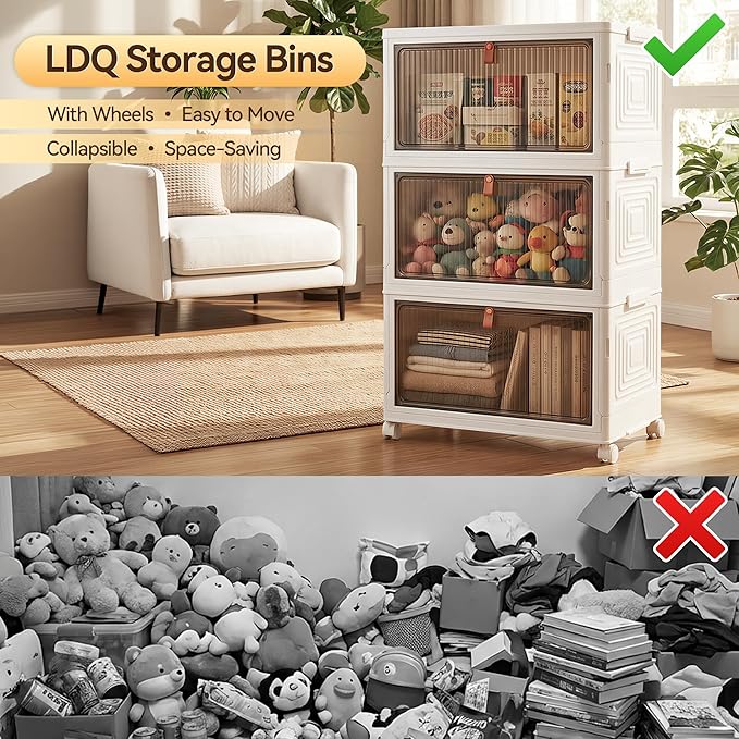 LDQ Storage Bins with Lids, 3 Tier 69QT Stackable Storage Cabinet, Foldable Closet Organizer with Doors & Wheels, Plastic Storage Drawers for Bedroom, Living Room, Bathroom