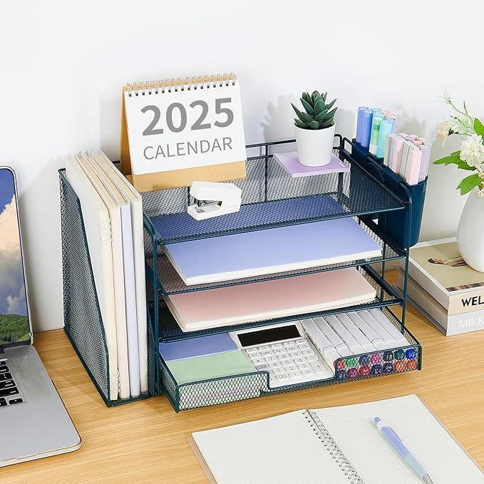 OPNICE Desk Organizer, 4-Tier Desktop File Organizer with Drawer and 2 Pen Holders, Office Desk Accessories, File Sorters