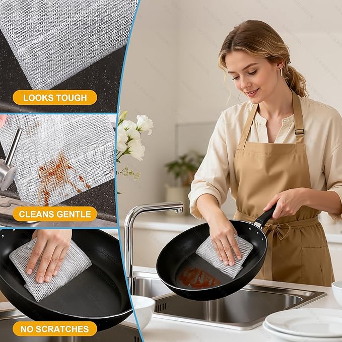 Non Scratch Wire Dishcloth and Microfiber Cleaning Cloth 10pcs-Multipurpose Wire Dishwashing Rags Wire Mesh Cleaning Cloth,Kitchen Towels and Dishcloths Sets for Cleaning Pans Sinks & Cookware (10)