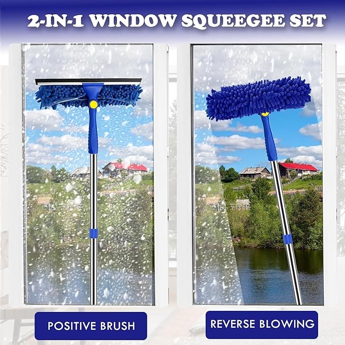 Window Cleaner Squeegee Kit - 2.38M (94inch) Cleaning Equipment with Long Handle 3 in 1 Extendable Window Cleaning Tool for High Windows, Glass, Home