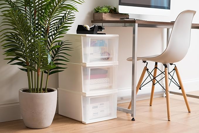 IRIS USA 17 Qt. Medium Plastic Stacking Drawer, Stackable Storage Organizer Unit with Sliding Drawer for Bedroom Kitchen Under Sink Pantry Craft Room Dorm Office, White, 4-Pack