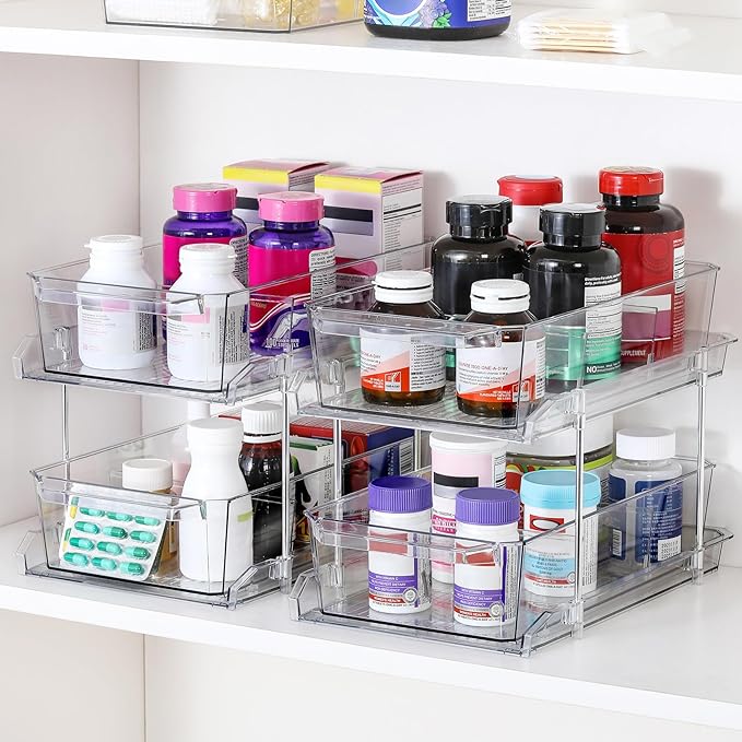 2 Tier Clear Organizer with Dividers for Cabinet, Shlef, Counter