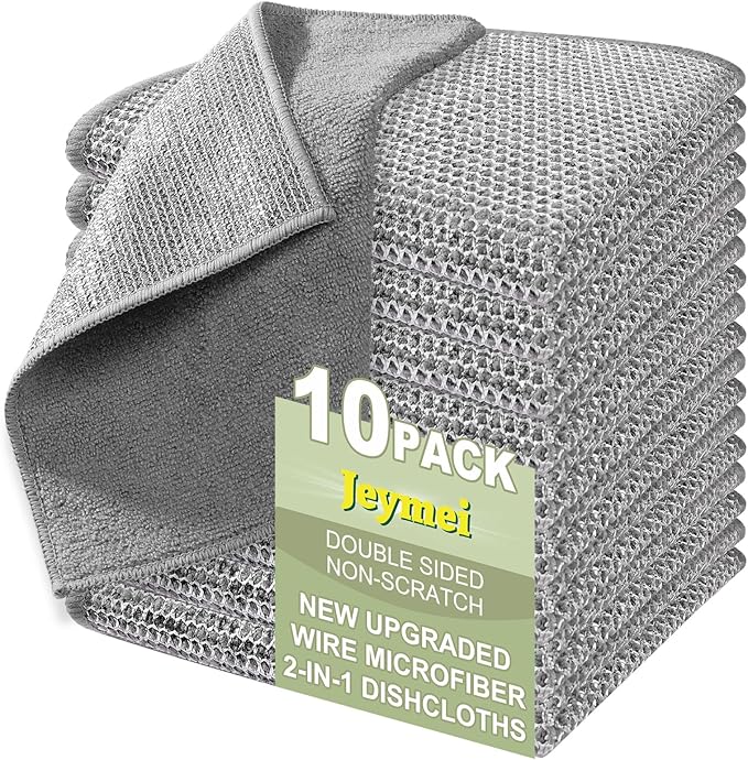 Jeymei 10 Counts Multipurpose Wire Dishwashing Rag,Non Scratch Wire Dishcloth for Washing Dishes,Microfiber Miracle Cleaning Cloth with Mesh,Dual-Sided Steel Mesh Cloth for Pot,Metal Scrubber,Grey