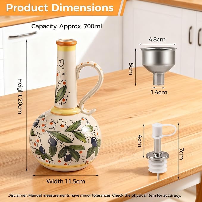Ceramic Olive Oil Dispenser Bottle 23oz, Large Olive Oil Container for Kitchen, Oil & Vinegar Cruet with Stainless Steel Spout, Ceramic Oil Dispenser with Handle, Drip-Free Cooking Cruet