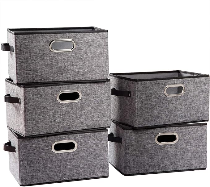 PRANDOM Large Collapsible Storage Baskets for Closet [5-pack] Decorative Fabric Storage Bins Cubes with Leather/Metal Handles for Shelves Bedroom