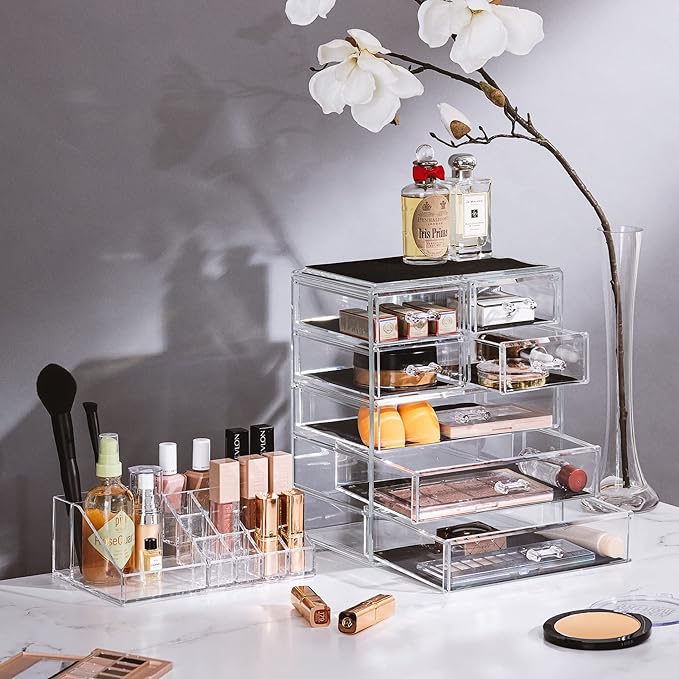 Sorbus Acrylic Makeup Organizer Set, 7-Drawer Vanity & Countertop Cosmetic Storage with Small & Wide Compartments, CLear Makeup Storage for Brushes