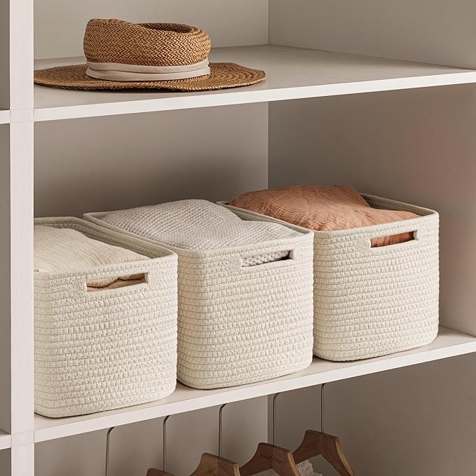 4 Pack Storage Baskets for Shelves, Baskets for Organizing, Beige