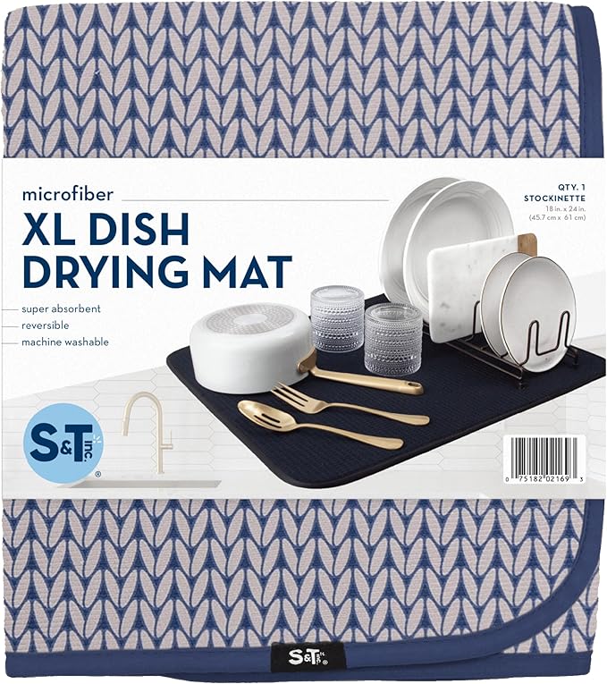 INC. Dish Drying Mat XL, 18” x 24”, Blue Stockinette
