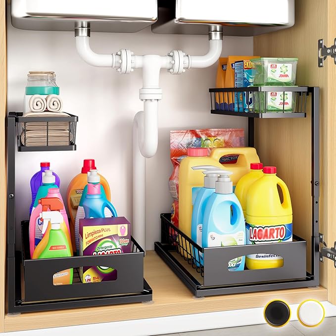 Under Sink Organizer, 2 Pack Cabinet Organizer for Kitchen, Height Adjustable Pull Out Heavy Duty 2 Tier Metal Under Sink Storage for Bathroom Pantry (Black, 2 Pack)