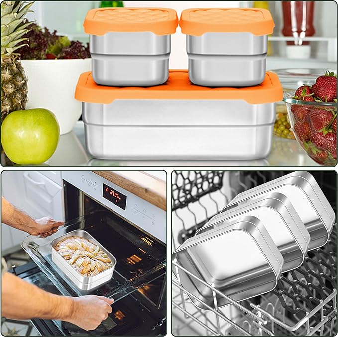 HaWare 8oz*2+25oz Stainless Steel Lunch Containers, Leak Proof Food Storage Snack Containers with Silicone Lids, Portable Sandwich Containers
