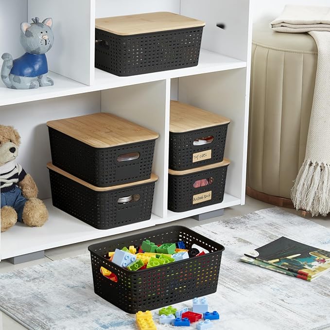 Bagnizer Small Plastic Storage Bins with Bamboo Lids 5.2qt Stackable Box Basket Pantry Decorative Containers Cute with Labels for Organizing Desktop