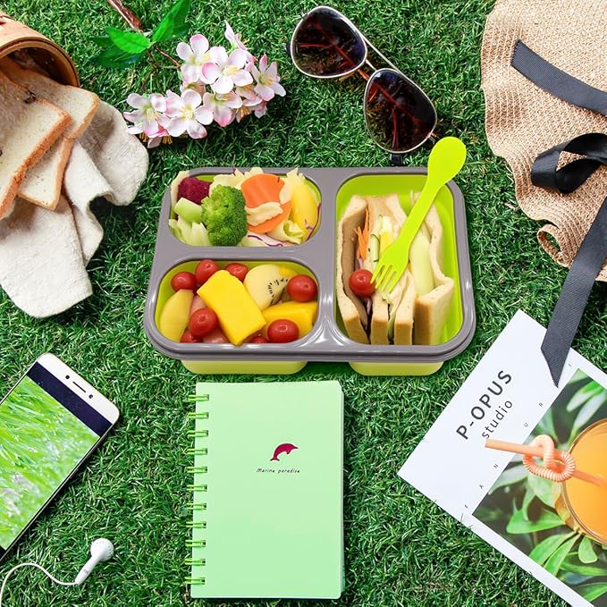2 Pack Big Size Collapsible Silicone Bento Lunch Boxes With Lids Spoons Forks,3 Compartments, Divided Lunch Food Storage Containers, Safe in Microwave