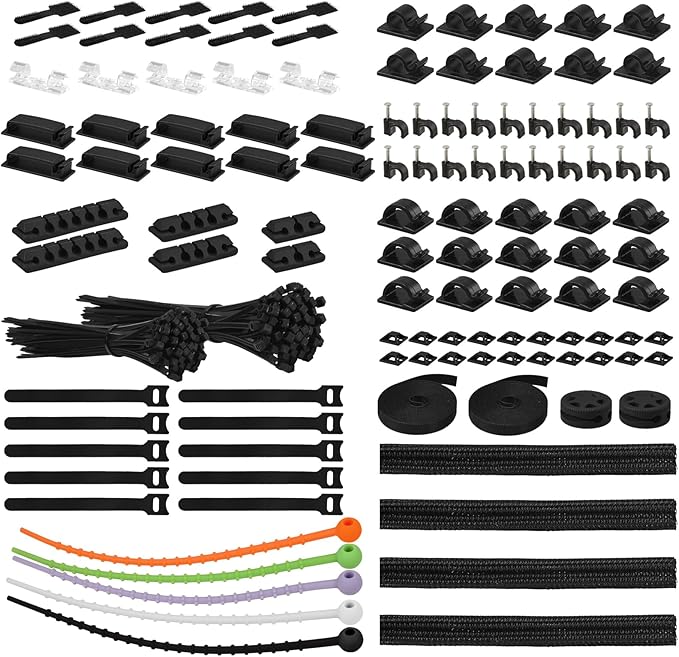 319pcs Cable Management Organizer Kit, Desk Cord Organizer, 98 Adhesive Cable Clips Holder, 17 Reusable Cable Strap, 4 Cable Sleeve Split, and 200 Nylon Cable Zip Ties (Black)