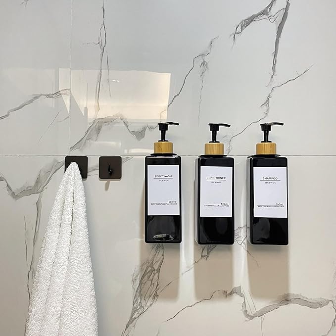 Shampoo Dispenser for Shower Wall, Shampoo and Conditioner Dispenser with 16 Waterproof Labels, No Drill Shower Soap Dispenser Bathroom, Shower Soap Dispenser Wall Mounted, 17oz, Bamboo(Black)