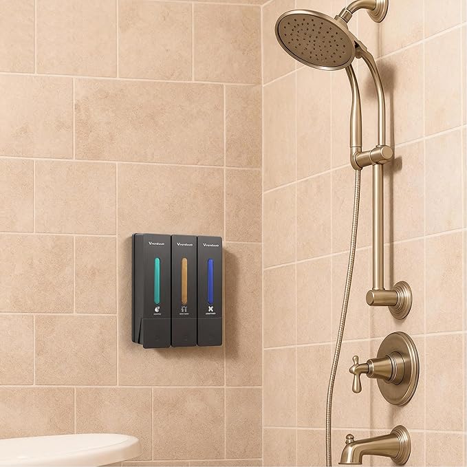 Shampoo and Conditioner Dispenser,Shower Dispenser 3 Chamber No Drill,Shower Soap Dispenser Wall Mounted for Bathroom Hotel with Upgrade Pump Head,3 * 400ml, (Gray 3 Chamber)