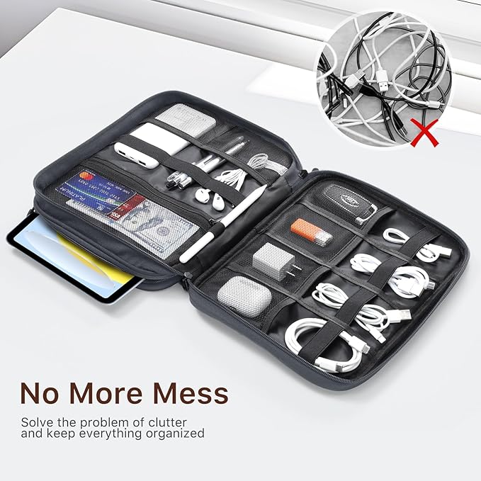 Dadanism Electronics Travel Organizer Case, Double Layers Cord Organizer Travel All-in-One Storage Bag for Cable, Cord, iPad, Chargers, fits 9-11'' Tablets, Portable Tech Accessories Bag, Space Gray