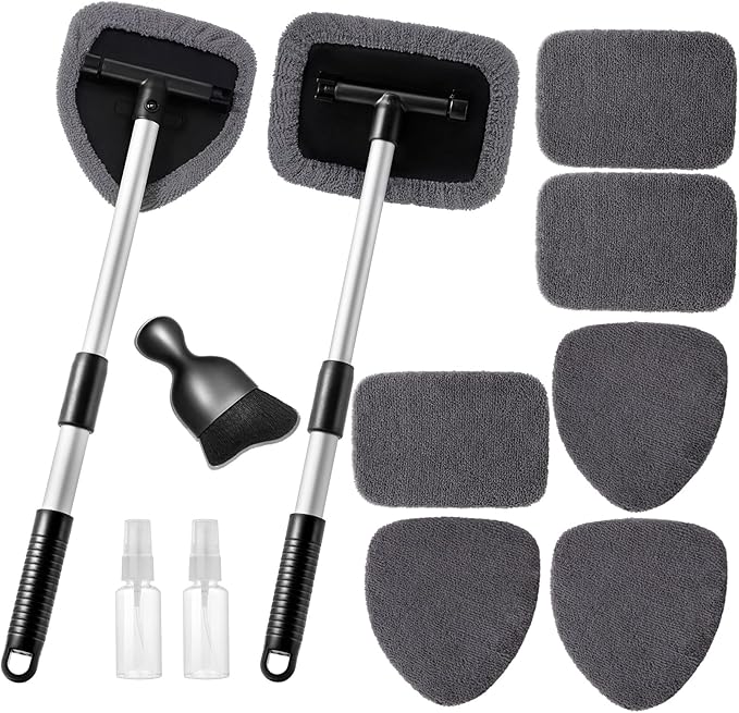 Qydipclin 11pc Windshield Cleaning Kit - 6 Microfiber Pads, 2 Bottles