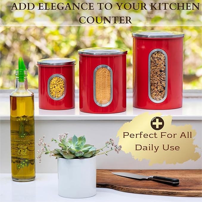 Mixpresso 3-Piece Red Canisters Sets For The Kitchen, Airtight Canister Set With See Through Window, Storage Jars for Coffee Container