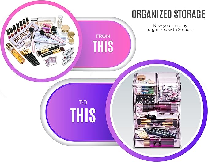 Sorbus Acrylic Makeup Organizer Set, 7-Drawer Vanity & Countertop Cosmetic Storage with Small & Wide Drawers, Purple Makeup Storage for Brushes
