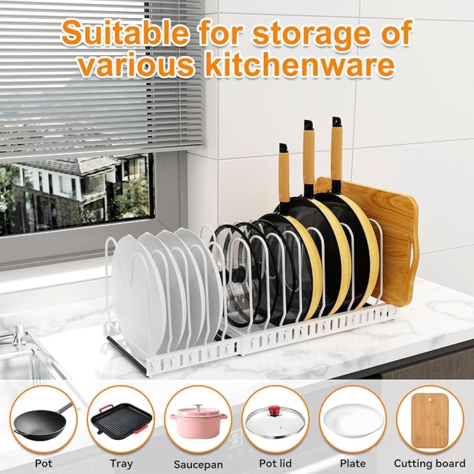 Pot And Pan Organizer Under Cabinet, Expandable Pans and Pots Organizer Rack Pot Lid Holder Shelf with 12 Different Size Dividers (12 Brackets-White)