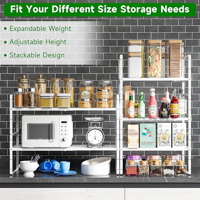 Expandable Kitchen Cabinet Shelf Organizer Rack Heavy Duty Metal Spice Rack Stackable Kitchen Counter Storage Shelf for Cabinet Pantry Bathroom (White - 16.5"-27" L x 10.2" W x 9.6" H - 2Pack)