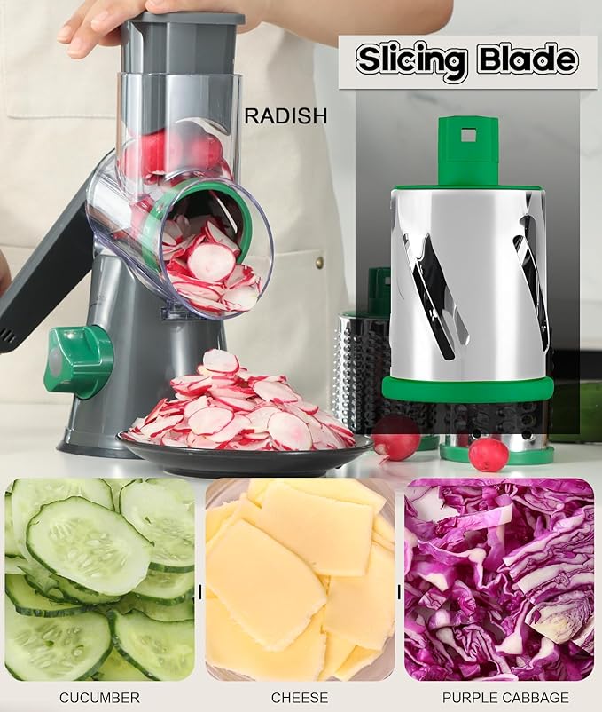 Ourokhome Rotary Cheese Grater Hand Crank, Kitchen Shredder Speed Mandolin Slicer Nuts Grinder with Handle and Drum Blades for Cheese, Vegetable, Walnuts, Chocolate, Potato, Carrot, 3 Blades, Gray