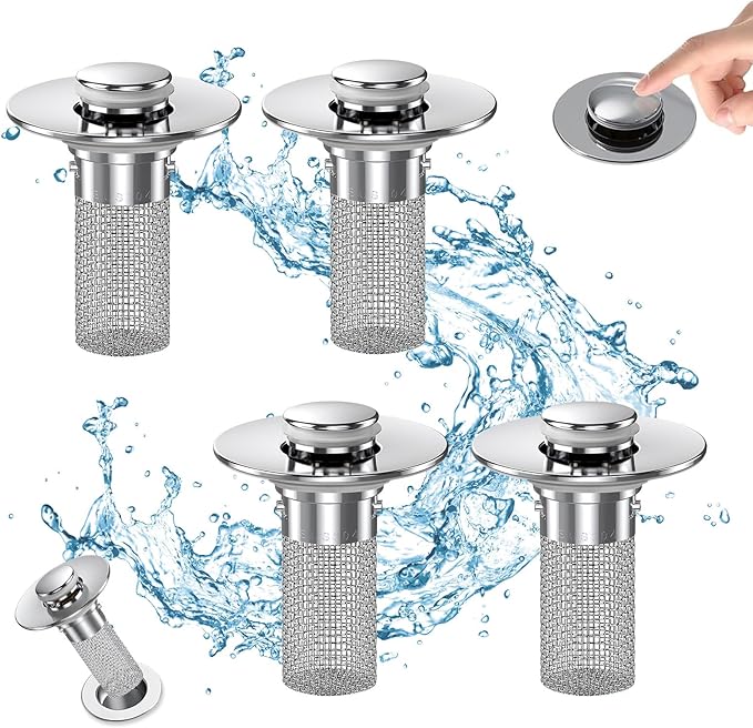Bathroom Sink Drain Strainer, Pop Up Sink Drain Filter with Removable Stainless Steel Filter Basket Hair Catcher, Bathroom Sink Drain Stopper