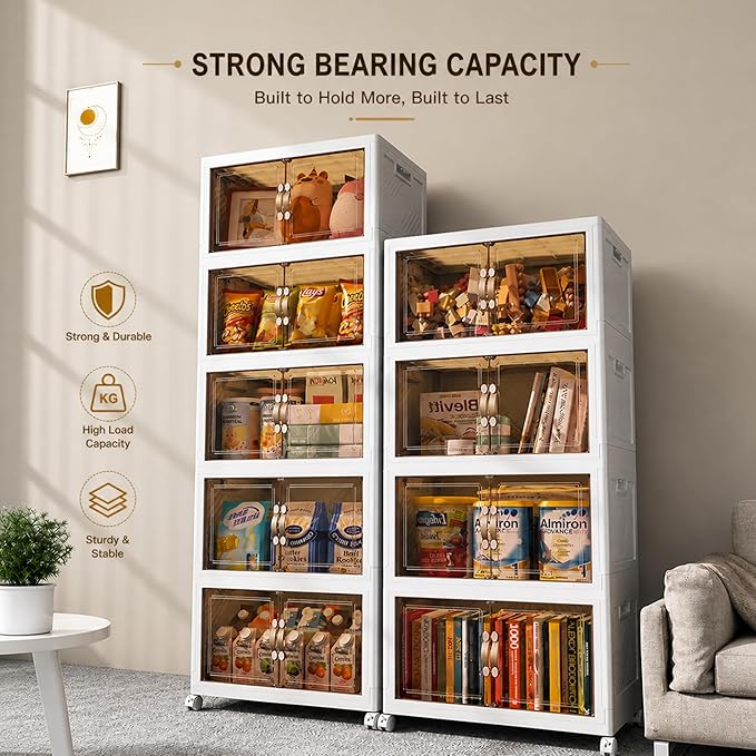 4 Tier Stackable Storage Bins with Lids, Total 199QT (4×49QT) Foldable Closet Organizer with Wheels, Collapsible Plastic Storage Boxes for Clothes, Toys, Kitchen, Office, and Dorm Room