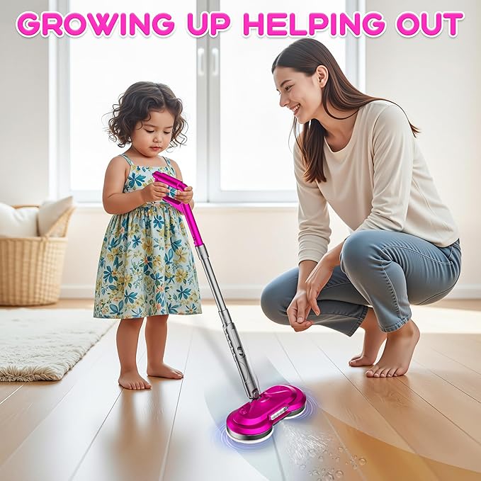BLAXTEM Kids Electric Spray Spin Mop Toy, Rechargeable Cordless Electric Mop W/ Water Sprayer & LED Headlight for Children Boys & Girls, Cleaning Toy for Pretend Play (Rose Red)