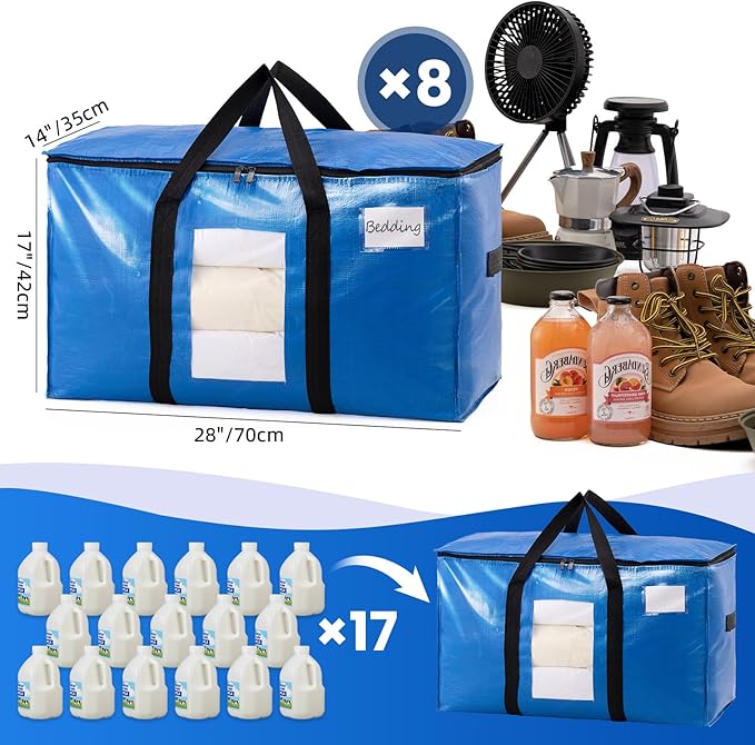 TAILI Extra Large Moving Bags, 8 Pack Blue Heavy Duty Totes For Storage with Visible Window, Wrap Around Handles, Storage Bags for Space Saving