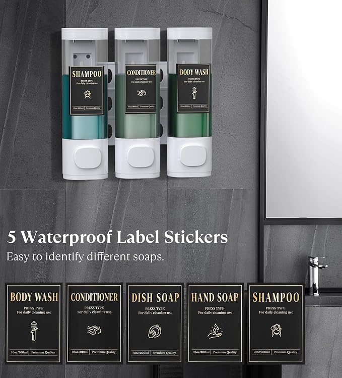 Luxspire Shampoo and Conditioner Dispenser, No Drill Wall Mounted Shower Soap Dispenser 3 Chamber with Waterproof Labels, Easy Refill Soap Dispenser for Bathroom Hotel Kitchen, White