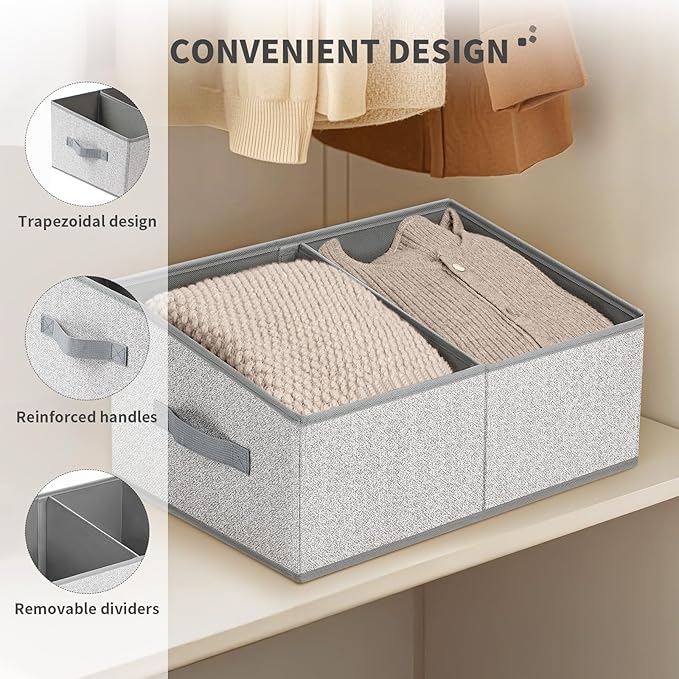 Large Closet Shelf Organizer Bins 6 Packs with Handles and Divider