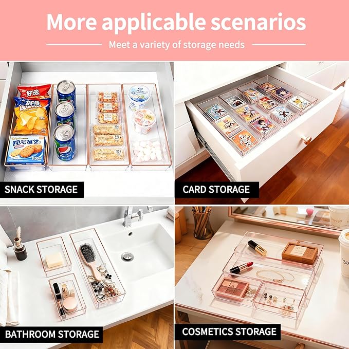 12 Pack Large Size Clear Stackable Drawer Organizer Trays, Rose Gold Rim Makeup Drawer Storage Tray Divider, Desk Storage for Makeup, Jewelry