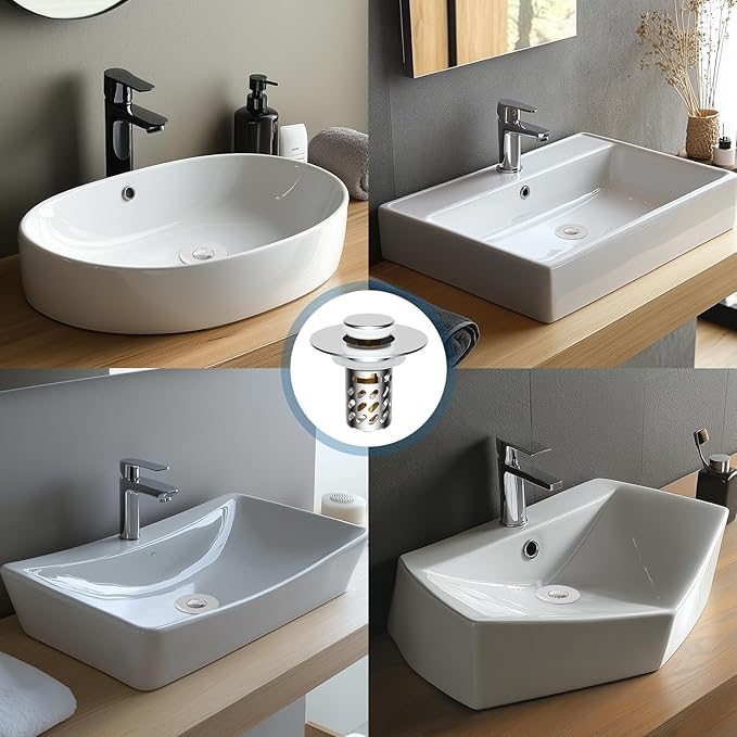 iFealClear 2 Pack All Metal Bathroom Sink Stopper, Pop Up Sink Drain Strainer with Removable Stainless Steel Filter Basket, Universal for 1.1"-2.36" Sink, Brass Bounce Core, Hair Catcher, Chrome