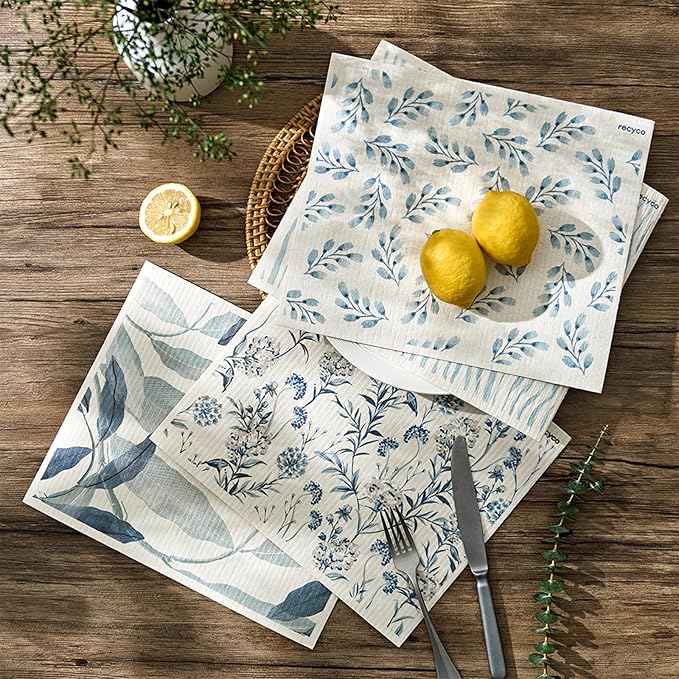 RECYCO Swedish Dishcloths for Kitchen | 4 Pack Oversized Washable Dish Rags | Large Cellulose Reusable Cleaning Paper Towels | Absorbent Counter Dish Cloth Sponge XL Kitchen Wipes, 12" L x 10" W