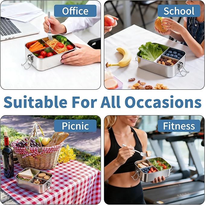 TeamFar Stainless Steel Bento Box, 47oz/1400ML Metal Lunch Box with Leak-Proof Lid for Adults/Kids, Lunch Food Containers with 3 Compartments for School/Work/Meal Prep, Heavy Duty & Dishwasher Safe