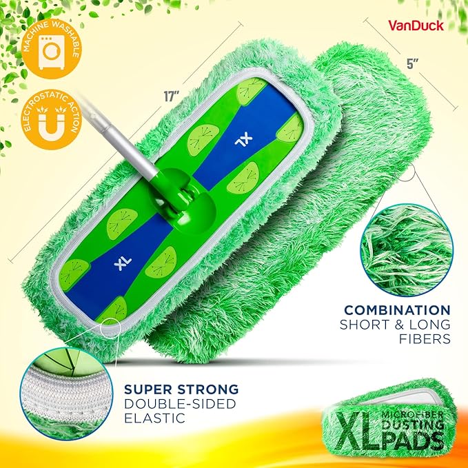 VanDuck XL Dust Mop Pads Compatible with Swiffer XL (2 Pack) - Extra Large Dry Pads Refills - Microfiber Covers Reusable Mop Heads (Handle is Not Included)