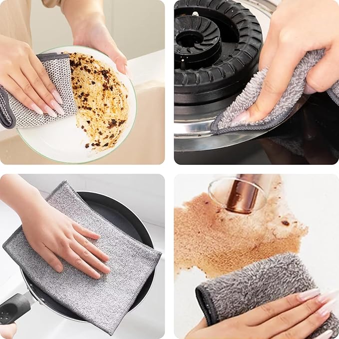 6 Pcs New Upgrade 2-Layer Non Scratch Wire Dishcloth，Super Absorbent Bamboo Charcoal Dish Cloths，Multipurpose Wire Dishwashing Rags for Wet and Dry，Wire Washing Cloth for Dishes, Stove Tops