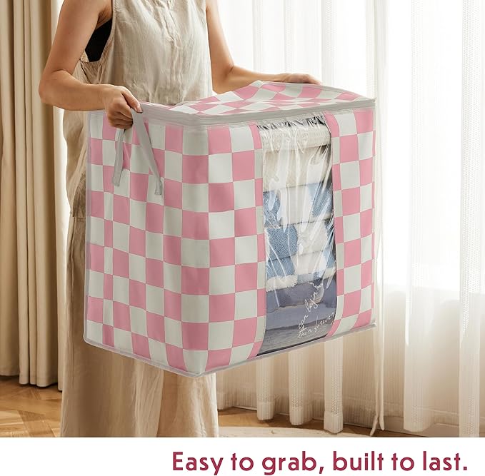 Pink Checkered Clothes Storage Bins, 100L Large Blanket Storage Bags 3 Pack