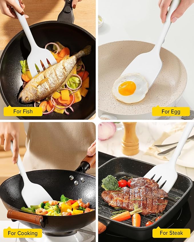 Pack of 2 Silicone Spatula Turners, Non Stick Slotted Kitchen Spatula Set, Heat Resistant BPA Free Kitchen Utensils, One-Piece Design, Suitable for Flipping Fish, Eggs, Steak, Pancakes (WHITE)