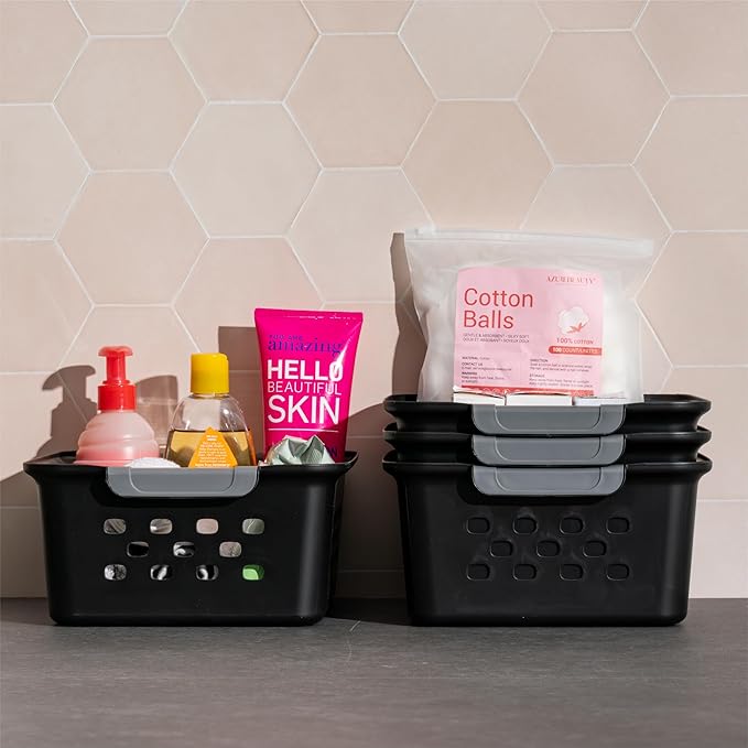 IRIS USA Plastic Storage Basket Bundle, Small - 12 Pack + Medium - 6 Pack, Shelf Basket Storage Organizer for Pantry, Cabinet, Bedroom, Closet, Laundry Room, Home Work Office, Craft Supplies, Black