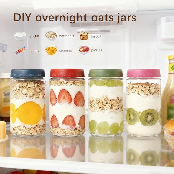 24 OZ Overnight Oats Jars with Lids 4 Pack, Glass Meal Prep Containers, Reusable Food Storage Jars, Airtight Mason Jars for Breakfast, Yogurt Parfait