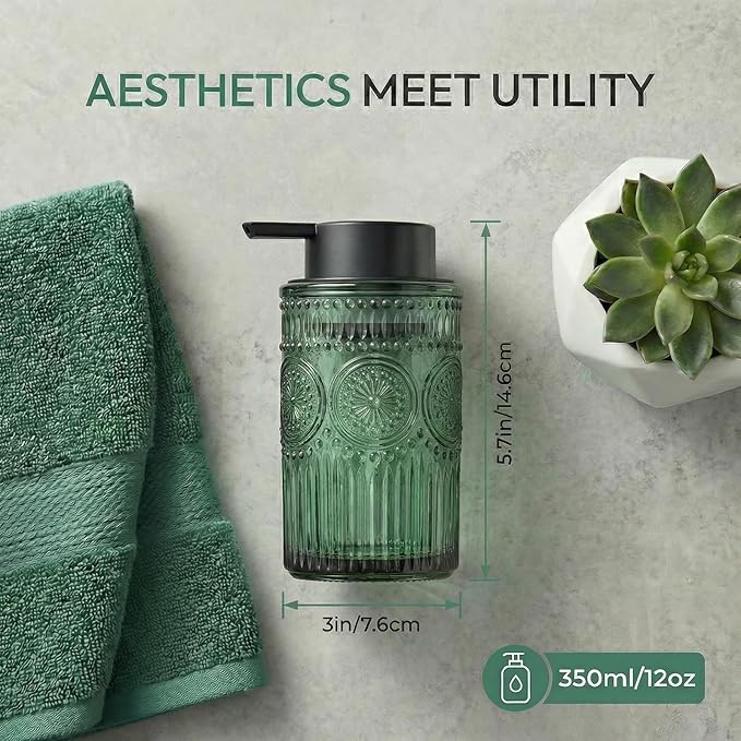 Green Glass Foaming Hand Soap Dispenser with Matte Black Pump Decorative Thick Embossed Bottle Refillable for Bathroom and Kitchen 12 fl oz