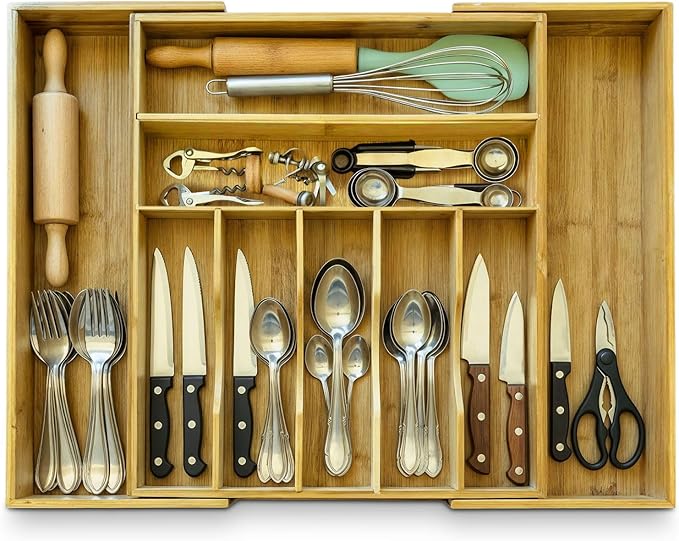 Bamboo Drawer Organizer | Expandable Silverware & Utensil Organizer for Kitchen | Flatware Cutlery Tray with Adjustable Dividers | Wooden Drawer for Knives, Spoons & Forks | Natural Bamboo