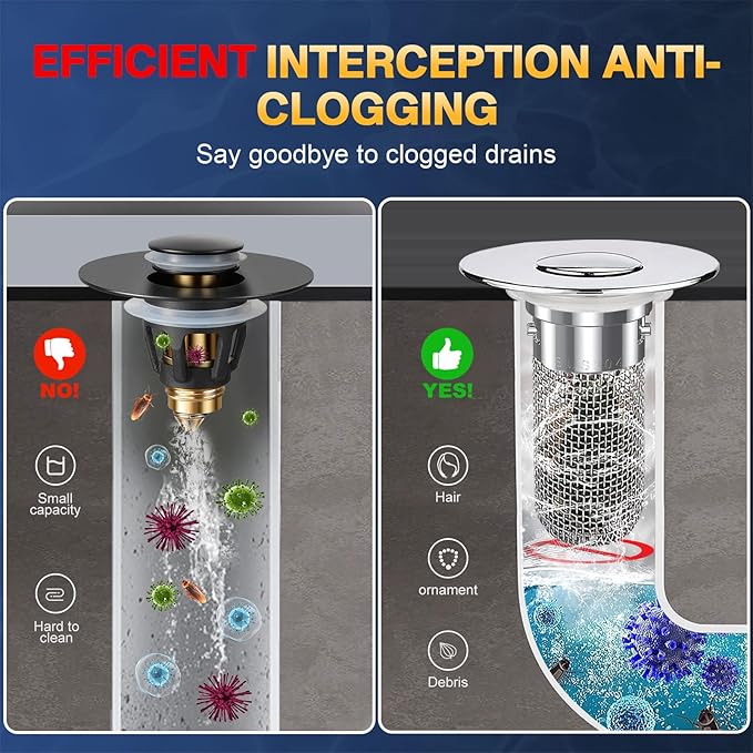Bathroom Sink Drain Strainer, Pop Up Sink Drain Filter with Removable Stainless Steel Filter Basket Hair Catcher, Bathroom Sink Drain Stopper