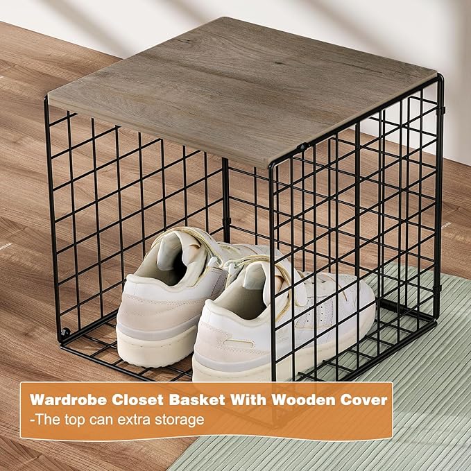 3PCS Stackable Closet Organizers and Storage, Shelves with Wood Top Extra Storage, Clothes Organizer Basket, Bin, or Tube for Wardrobe and Home Organization (Black-Sturdy Metal) Patent Pending