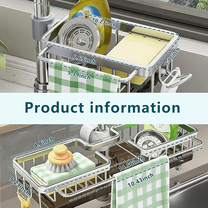 Kitchen Sink Faucet Organizer,Sponge Holder Caddy Rack Multifunction Shelf for Soap,Dish Accessories, Adjustable for 0.7-1.1 Inch Round Water Pipe (Either Side Silver)